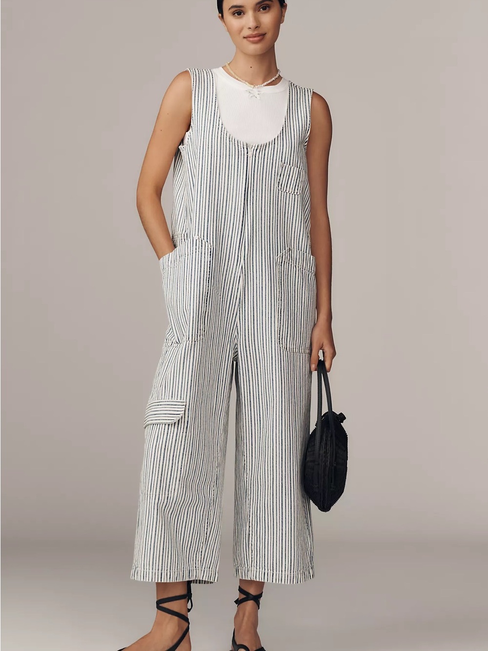 Pilcro Black and White Striped Sleeveless Wide-Leg Jumpsuit